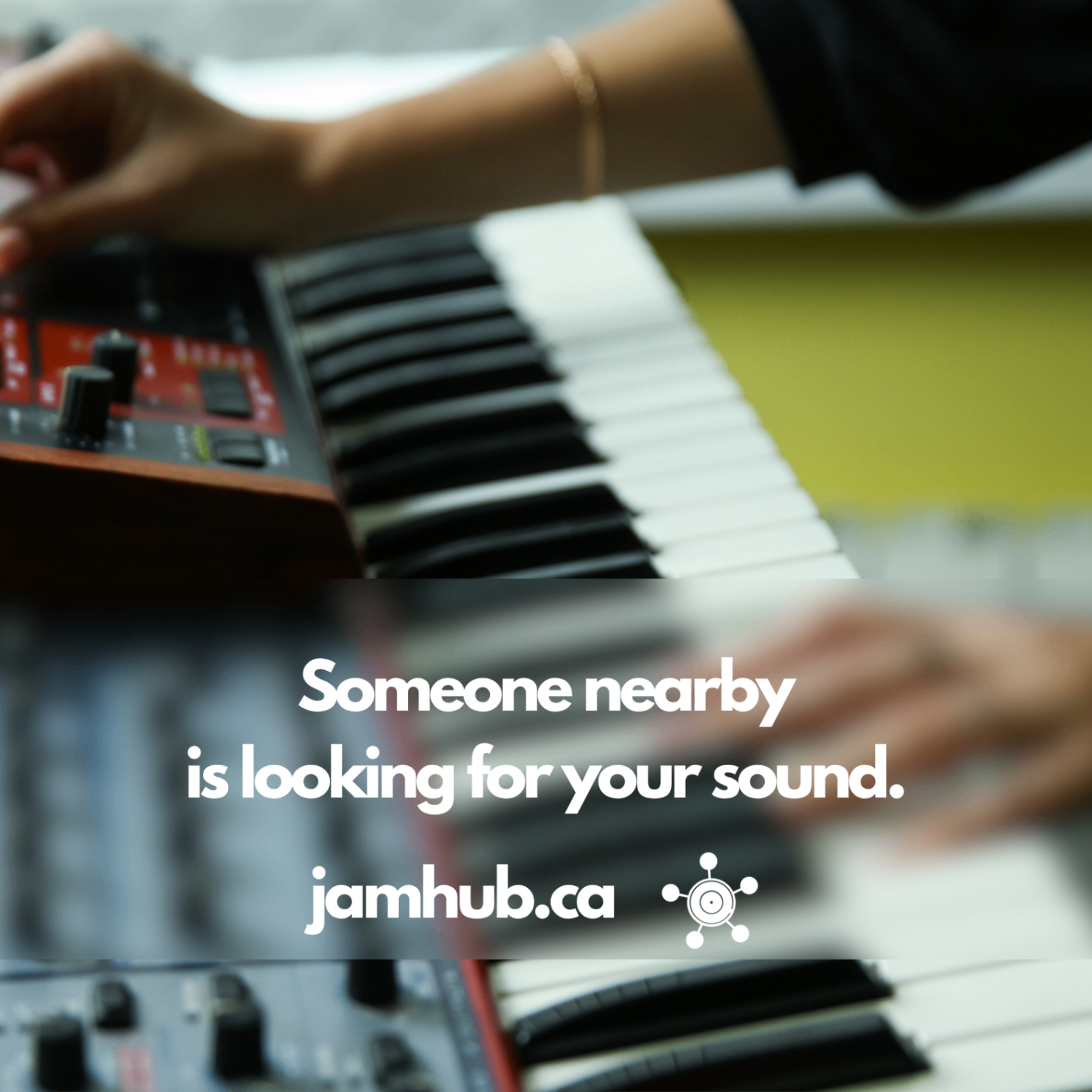 Hands playing a synth keyboard — someone nearby is looking for your sound.